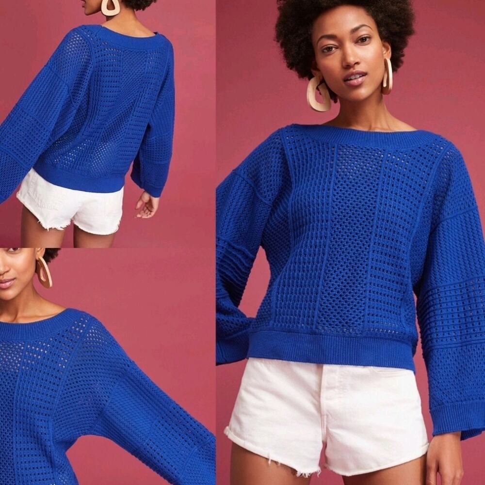 Moth Anthro Knit Pullover Open Weave royal blue cropped sweater Size Small